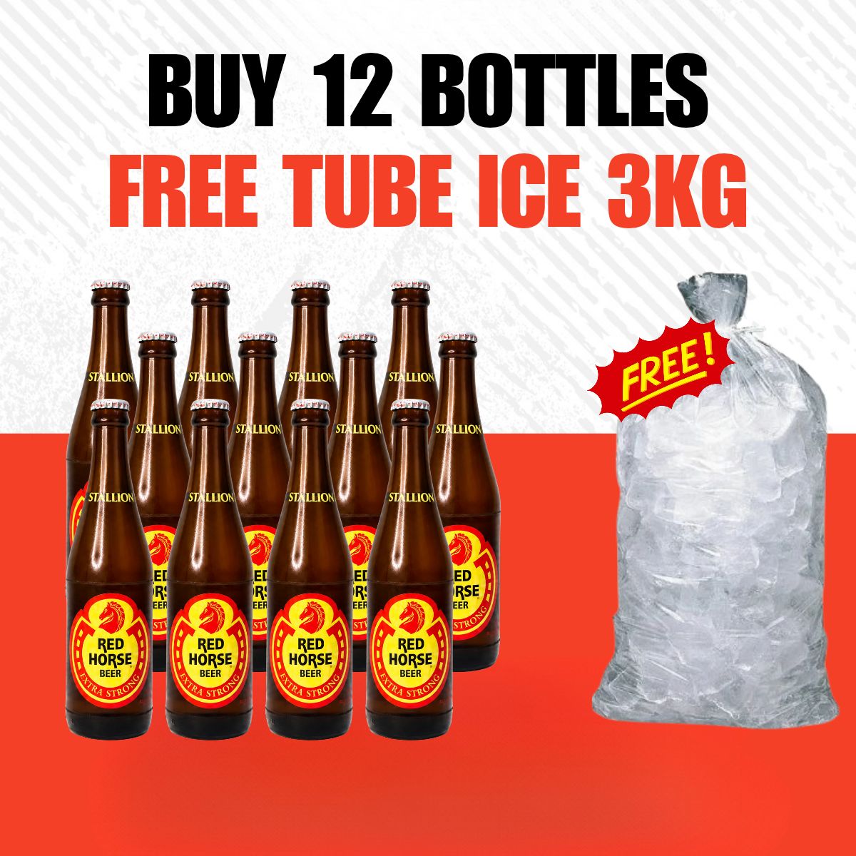 Buy 12 Red Horse Stallion 330ml Bottles, Get FREE 3kg Tube Ice