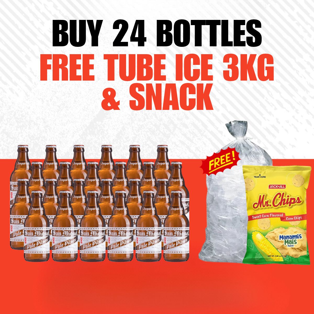 Buy 24 San Miguel Pale Pilsen 320ml Bottles, Get FREE 3kg Tube Ice and Mr. Chips Manamis mais