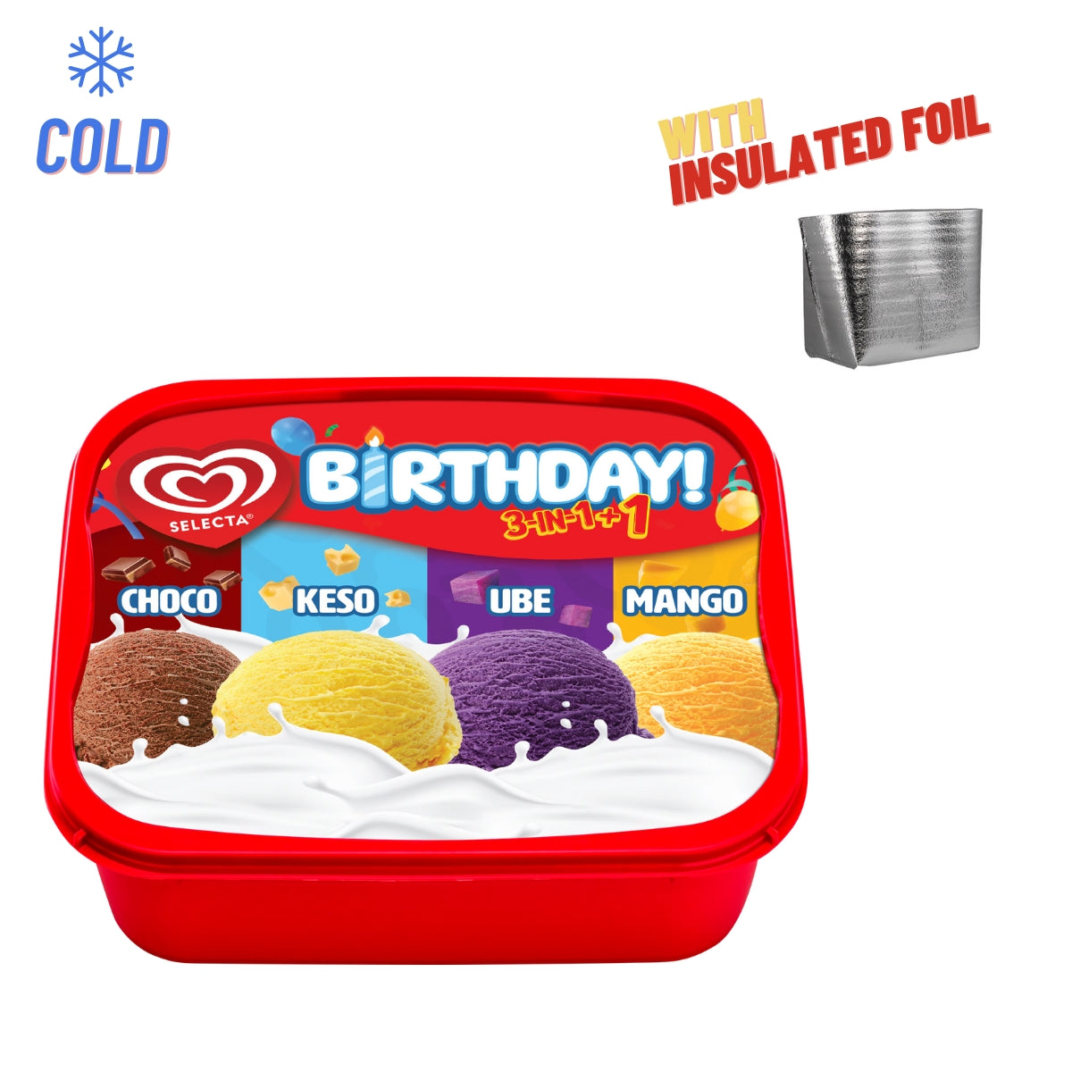 Selecta Birthday 3-in-1+1 Choco Keso Ube Mango Ice Cream 1.3L