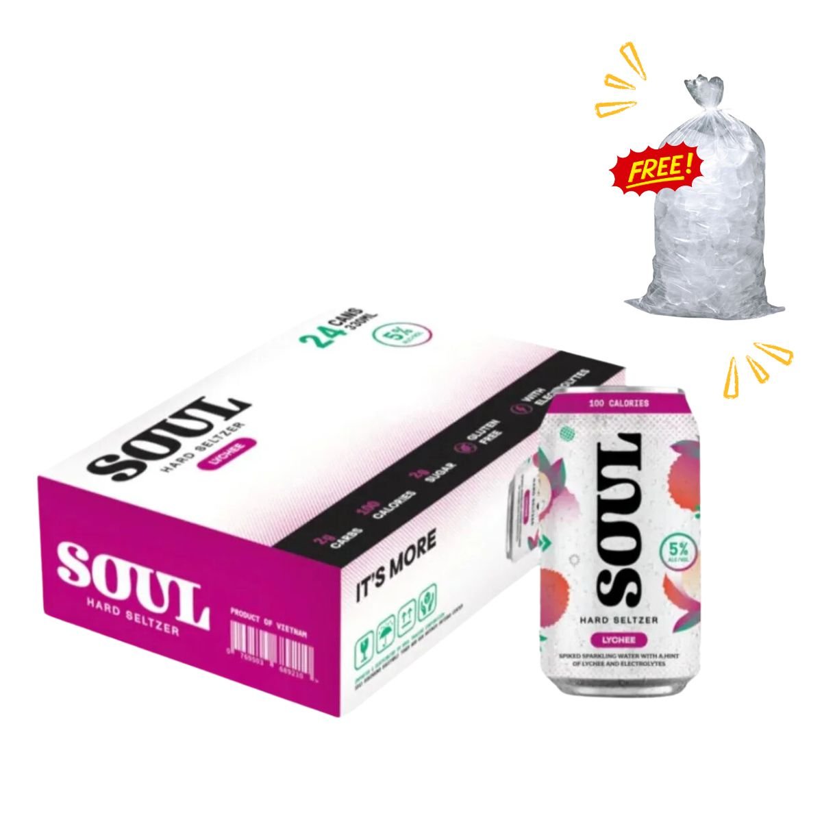 Soul Hard Seltzer Lychee 330ml 24-pack with free Tube Ice 3kg - Happy Hour