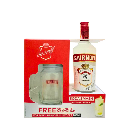 Smirnoff Red Label Vodka 700ml with free Mason Jar Glass Pack