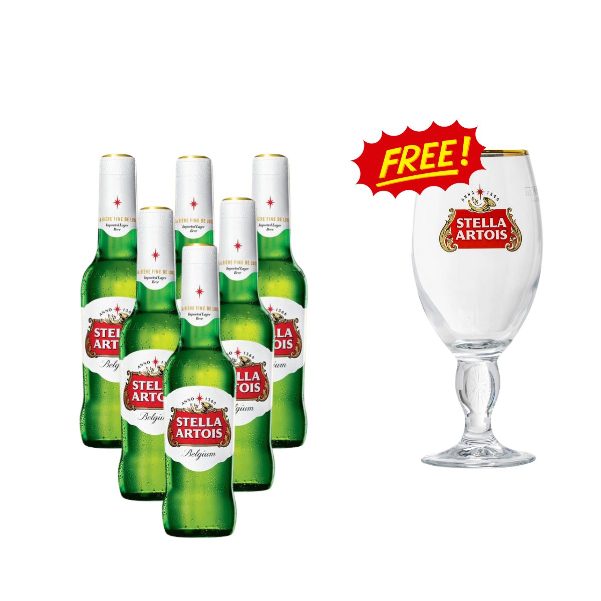 Stella Artois Pilsner Beer Bottle 330ml 6-pack with Chalice Glass 250ml