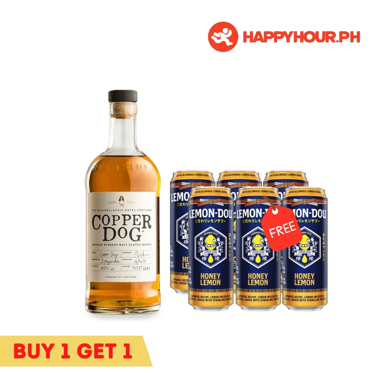 Copper Dog Whisky 700ml & Lemon-Dou Honey Lemon 3% alc. 330ml 6-pack Bundle