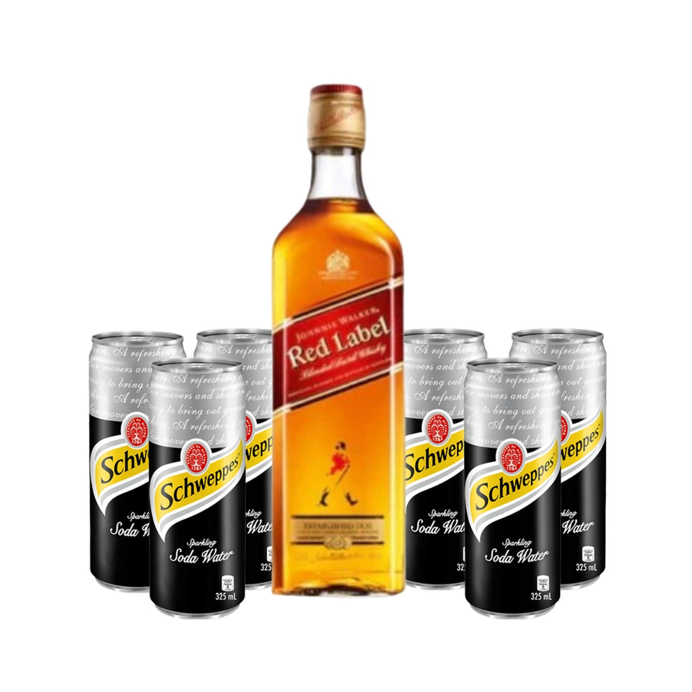 Johnnie Walker Red Label 1L with Schweppes Soda Water in-can 6-pack ...