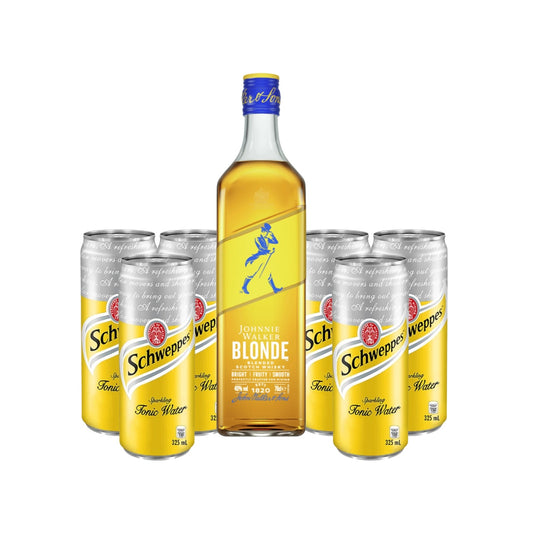 Johnnie Walker Blonde Blended Scotch Whisky 700ml with Schweppes Tonic Water in-can 320ml 6-pack