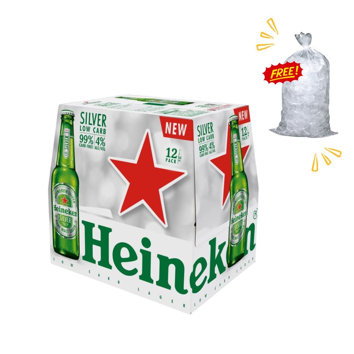 Heineken Silver Bottle 12-pack with free Tube Ice 3kg - Happy Hour