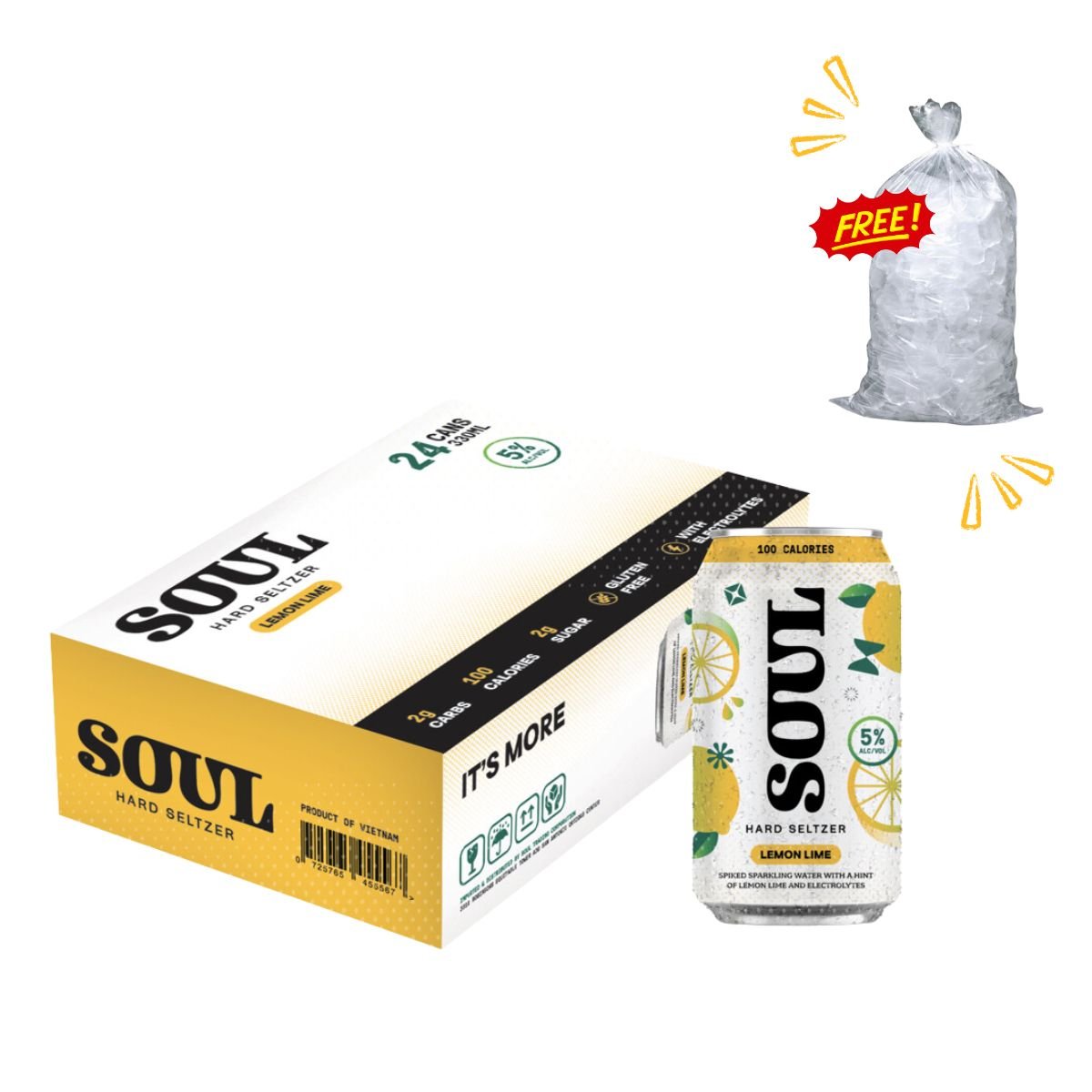 Soul Hard Seltzer Lemon Lime 330ml 24-pack with free Tube Ice 3kg - Happy Hour