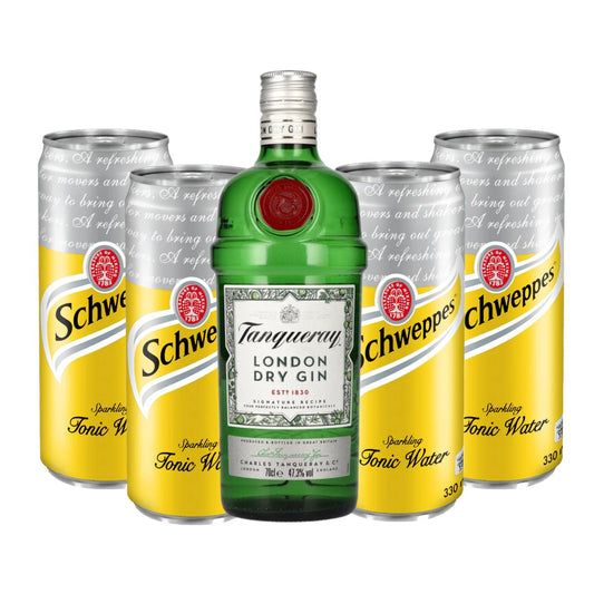Tanqueray London Dry Gin 750ml with 4-pcs Schweppes Tonic Water - Happy Hour